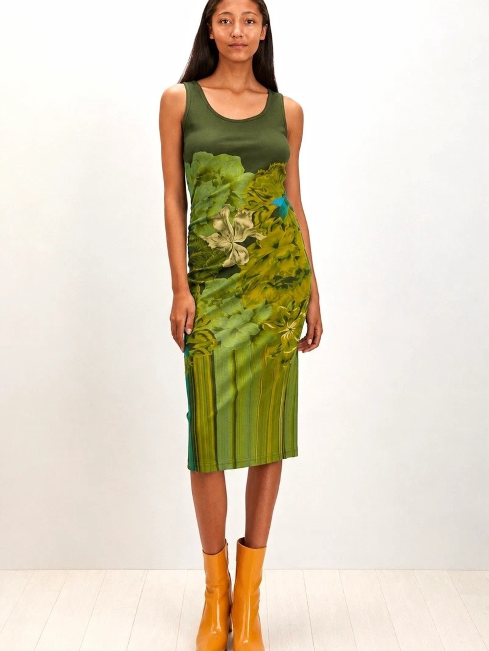 Green Floral-Print Midi Tank Dress